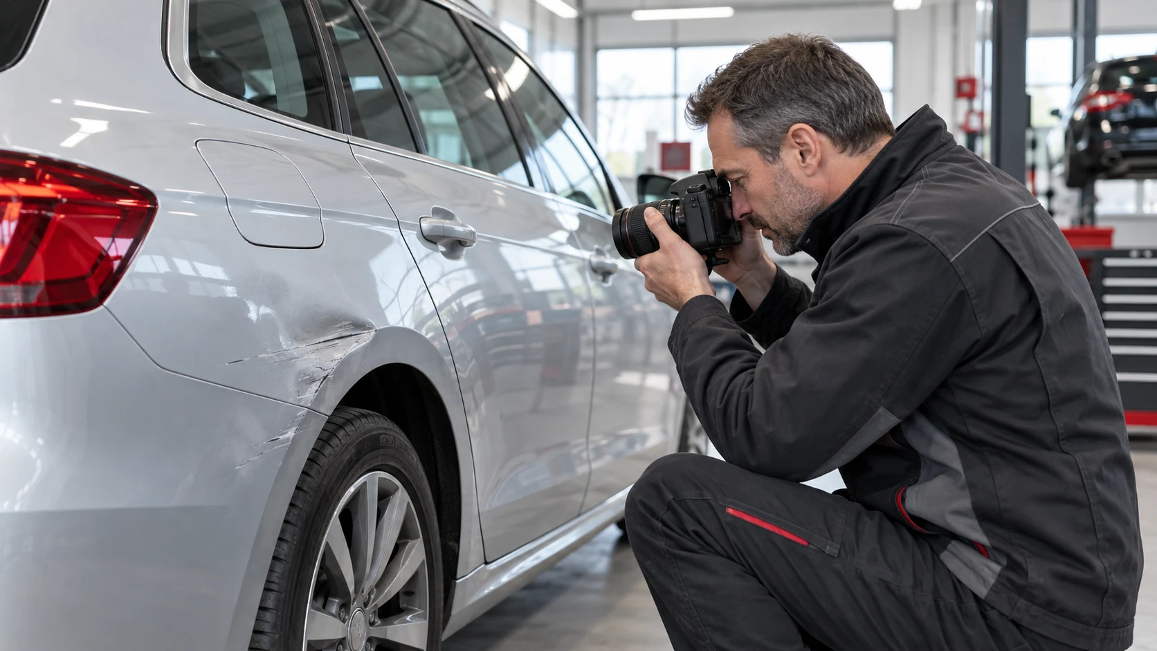 Gutachter fotografiert einen Fahrzeugschaden